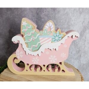 Pastel Christmas Sleigh Pink Wooden Block Sign Tree 8"‎ Christmas Tabletop NEW